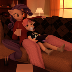 Size: 2500x2500 | Tagged: safe, artist:tahublade7, character:rarity, character:sweetie belle, species:anthro, species:plantigrade anthro, 3d, clothing, coffee, comfy, creeper, daz studio, feet, minecraft, oversized clothes, oversized shirt, shirt, socks, t-shirt, tablet
