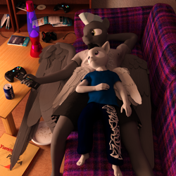 Size: 2000x2000 | Tagged: safe, artist:tahublade7, character:rumble, character:thunderlane, species:anthro, species:plantigrade anthro, 3d, barefoot, brothers, controller, couch, daz studio, feet, lava lamp, siblings, soda