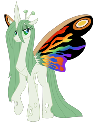 Size: 934x1224 | Tagged: safe, artist:faith-wolff, species:changeling, fanfic:the bridge, butterfly wings, changeling queen, changelingified, colored sclera, colored wings, kaiju, mothra, mothra lea, multicolored wings, rainbow wings, raised hoof, simple background, solo, species swap, transparent background