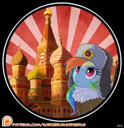 Size: 841x867 | Tagged: safe, artist:sorcerushorserus, character:rainbow dash, cathedral, church, cross, female, moscow, patreon, patreon logo, russia, solo, soviet, soviet union, st. basil's cathedral, sunburst background
