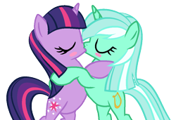 Size: 980x670 | Tagged: safe, artist:berrypunchrules, character:lyra heartstrings, character:twilight sparkle, character:twilight sparkle (unicorn), species:pony, species:unicorn, ship:twyra, alternate hairstyle, female, kissing, lesbian, mare, shipping, simple background, transparent background
