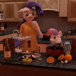 Size: 2000x2000 | Tagged: safe, artist:tahublade7, character:rarity, character:sweetie belle, species:anthro, 3d, apple, clothing, cooking, daz studio, egg (food), food, ketchup, kitchen, milk, olive oil, onion, orange, panties, pineapple, sauce, t-shirt, this will end in fire, tomato, underwear