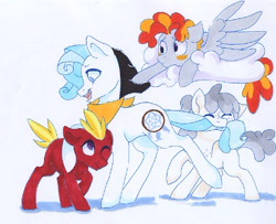 Size: 487x395 | Tagged: safe, artist:frozensoulpony, oc, oc only, oc:captain kidd, oc:crispin, oc:darcy spice, oc:ollie, parent:apple bloom, parent:rumble, parents:rumbloom, offspring
