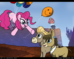 Size: 900x720 | Tagged: safe, artist:ladyanidraws, character:cranky doodle donkey, character:matilda, character:pinkie pie, species:donkey, species:earth pony, species:pony, ship:crankilda, balloon, parody, shipping, then watch her balloons lift her up to the sky, up