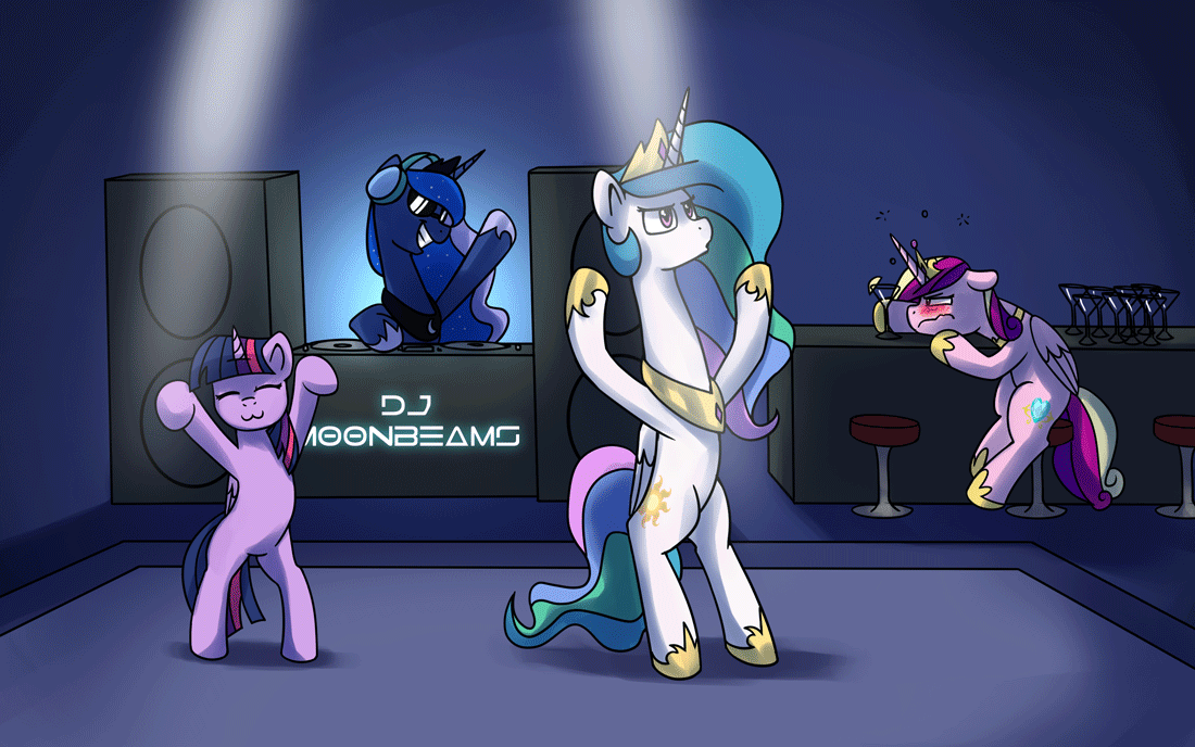 Size: 1100x688 | Tagged: safe, artist:anticular, character:princess cadance, character:princess celestia, character:princess luna, character:twilight sparkle, character:twilight sparkle (alicorn), species:alicorn, species:pony, ask sunshine and moonbeams, :3, :o, adorkable, alcohol, alicorn tetrarchy, animated, bipedal, blushing, cadance is not amused, caramelldansen, catface, cute, dance party, dancing, dork, drunk, drunk cadance, female, floppy ears, frown, grin, headphones, leaning, martini, party, sitting, smiling, speaker, sunglasses, twiabetes, unamused, wavy mouth