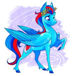 Size: 2749x2825 | Tagged: safe, artist:probablyfakeblonde, oc, oc only, oc:andrew swiftwing, species:crystal pony, species:pegasus, species:pony, colored hooves, cutie mark, laurel wreath, male, pegasopolis, raised hoof, realistic horse legs, shiny, smiling, stallion, wings