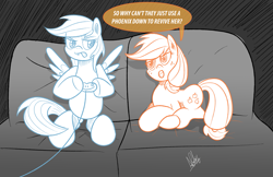 Size: 1279x828 | Tagged: safe, artist:ladyanidraws, character:applejack, character:rainbow dash, newbie artist training grounds, annoyed, controller, couch, final fantasy, final fantasy vii, gaming, prone, sitting