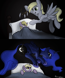 Size: 1024x1227 | Tagged: safe, artist:tetrapony, character:derpy hooves, character:dinky hooves, character:princess luna, species:alicorn, species:pegasus, species:pony, species:unicorn, :o, bed, black background, blanket, butt, butt squish, caught, cute, dark, dawwww, derpabetes, dinkabetes, dream walker luna, dreamcatcher, equestria's best mother, ethereal mane, featured on derpibooru, female, filly, flowing mane, flying, food, frown, hanging, hnnng, literal, lunabetes, mare, moonbutt, muffin, oops my bad, open mouth, pillow, plot, scared, shocked, signature, simple background, spread wings, stuck, sweet dreams fuel, the ass was fat, the ass was too fat, trapped, wide eyes, wings, wrong eye color