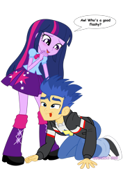 Size: 1600x2263 | Tagged: safe, artist:jucamovi1992, character:flash sentry, character:twilight sparkle, species:human, ship:flashlight, my little pony:equestria girls, all fours, behaving like a dog, couple, female, funny, humanized, love, male, pet play, rocker, shipping, straight, wat, weird, wtf