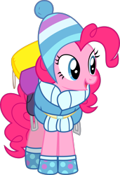 Size: 2392x3500 | Tagged: safe, artist:limedazzle, character:pinkie pie, species:earth pony, species:pony, episode:dungeons & discords, bags, clothing, female, mare, open mouth, simple background, smiling, solo, transparent background, vector, winter outfit