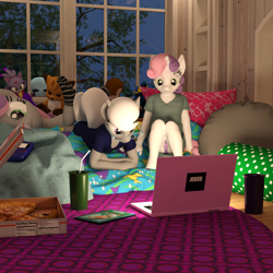 Size: 2000x2000 | Tagged: safe, artist:tahublade7, character:silver spoon, character:sweetie belle, species:anthro, species:plantigrade anthro, ship:silverbelle, 3d, anthro ponidox, barefoot, blaze the cat, clothing, computer, crossover, daz studio, feet, five nights at freddy's, flower pattern underwear, food, game boy, laptop computer, marionette, panties, pink underwear, pizza, puppet (fnaf2), shipping, sleepover, socks, sonic the hedgehog (series), tarzan, the pose, underwear