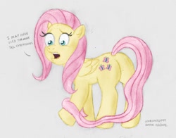 Size: 1150x900 | Tagged: safe, artist:scobionicle99, character:fluttershy, dialogue, female, impossibly long tail, long tail, plot, solo, tail extensions, traditional art