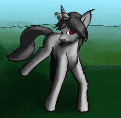 Size: 540x525 | Tagged: safe, artist:warskunk, oc, oc only, oc:acehitter, species:pony, species:unicorn, anatomically incorrect, fangs, incorrect leg anatomy, shade, solo