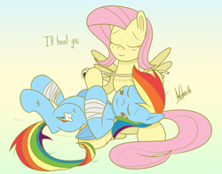 Size: 1273x1000 | Tagged: safe, artist:ladyanidraws, character:fluttershy, character:rainbow dash, newbie artist training grounds, bandage, bandaid, eyes closed, head on lap, injured, lying down, on back, smiling, snuggling