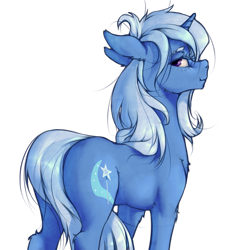 Size: 1273x1377 | Tagged: safe, artist:madhotaru, character:trixie, species:pony, species:unicorn, :t, cheek fluff, chest fluff, cute, diatrixes, ear fluff, female, floppy ears, fluffy, leg fluff, lidded eyes, looking at you, looking back, mare, messy hair, messy mane, messy tail, plot, scrunchy face, side view, simple background, solo, standing, strategically covered, tail between legs, tail censor, transparent background