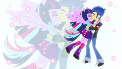 Size: 1600x900 | Tagged: safe, artist:jucamovi1992, character:flash sentry, character:twilight sparkle, ship:flashlight, my little pony:equestria girls, couple, kissing, love, male, ponied up, shipping, straight, vector
