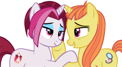 Size: 3151x1735 | Tagged: safe, artist:ironm17, base used, character:cayenne, character:citrus blush, species:pony, species:unicorn, citruyenne, female, lesbian, lidded eyes, looking at each other, mare, shipping, simple background, smiling, transparent background, vector