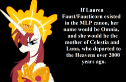 Size: 1070x700 | Tagged: safe, artist:equestria-prevails, oc, oc only, oc:fausticorn, armor, empress, god empress of ponykind, headcanon, laurel wreath, lauren faust, queen, solo