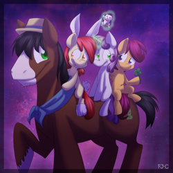 Size: 900x900 | Tagged: safe, artist:fj-c, character:apple bloom, character:scootaloo, character:sweetie belle, character:trouble shoes, species:earth pony, species:pegasus, species:pony, species:unicorn, episode:appleoosa's most wanted, g4, my little pony: friendship is magic, bow, bunny ears, clothing, clover, costume, cute, cutie mark crusaders, female, filly, four leaf clover, good luck charms, hair bow, hat, lucky cat, magic, male, ponies riding ponies, raised hoof, smiling, stallion, troublebetes