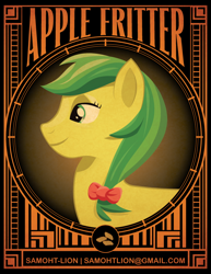Size: 612x792 | Tagged: safe, artist:samoht-lion, character:apple fritter, species:earth pony, species:pony, apple family member, art deco, bow, bust, female, hair bow, mare, portrait, smiling, solo