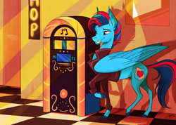 Size: 3000x2131 | Tagged: safe, artist:probablyfakeblonde, oc, oc only, oc:andrew swiftwing, species:pegasus, species:pony, 50s, bits, clothing, cutie mark, diner, greaser, hair over one eye, jacket, jukebox, leather jacket, male, stallion, wings