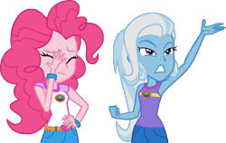 Size: 6241x3936 | Tagged: safe, artist:limedazzle, character:pinkie pie, character:trixie, equestria girls:legend of everfree, g4, my little pony: equestria girls, my little pony:equestria girls, absurd resolution, bracelet, clothing, duo, facepalm, fist, inkscape, jewelry, shorts, simple background, transparent background, vector