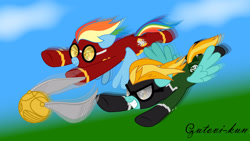 Size: 2846x1600 | Tagged: safe, artist:gutovi, character:lightning dust, character:rainbow dash, species:pegasus, species:pony, clothing, competition, crossover, duo, flight suit, goggles, golden snitch, gryffindor, harry potter, quidditch, signature, slytherin