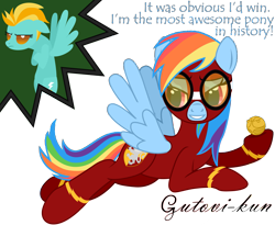Size: 2917x2396 | Tagged: safe, artist:gutovi, character:lightning dust, character:rainbow dash, species:pegasus, species:pony, bragging, clothing, crossover, dialogue, flight suit, goggles, golden snitch, grumpy, gryffindor, harry potter, quidditch, signature, simple background, transparent background