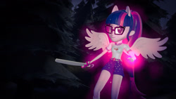 Size: 1920x1080 | Tagged: safe, artist:razethebeast, character:twilight sparkle, character:twilight sparkle (scitwi), species:eqg human, equestria girls:legend of everfree, g4, my little pony: equestria girls, my little pony:equestria girls, 3d, clothing, cute, female, glasses, ponied up, scitwilicorn, shorts, solo, source filmmaker, sword, twiabetes, weapon