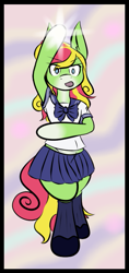 Size: 351x742 | Tagged: safe, artist:cantershirecommons, oc, oc only, oc:mango tango, species:pony, bipedal, clothing, crossdressing, magical girl, midriff, pleated skirt, schoolgirl, shoes, skirt, socks, solo