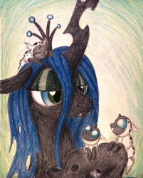 Size: 1052x1308 | Tagged: safe, artist:thefriendlyelephant, character:queen chrysalis, species:changeling, adoracreepy, babies, baby, blue hair, changeling larva, changeling queen, commission, creepy, cute, cutealis, fangs, female, green eyes, holes, horn, larva, mommy chrissy, mother, mother and child, nymph, smiling, traditional art
