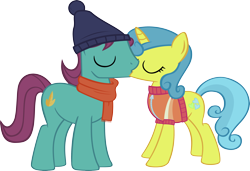 Size: 3500x2397 | Tagged: safe, artist:ironm17, character:lemon hearts, autumn leaf, beanie, clothing, hat, kissing, lemonleaf, male, scarf, shipping, short-sleeved sweater, simple background, straight, sweater, transparent background, vector, winter outfit