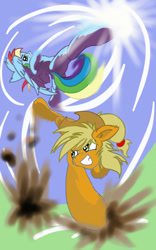 Size: 800x1280 | Tagged: safe, artist:manifest harmony, character:applejack, character:rainbow dash, action pose, buck, combat, fight, foreshortening, kick, kicking, martial arts, perspective