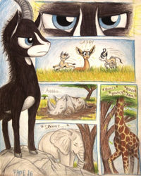 Size: 1068x1332 | Tagged: safe, artist:thefriendlyelephant, oc, oc only, oc:lesotho, oc:mmiri, oc:nuk, oc:obi, oc:sabe, oc:salma, oc:zeka, comic:sable story, acacia tree, africa, animal in mlp form, antelope, cloven hooves, comic, elephant, gazelle, gerenuk, giant sable antelope, giraffe, horns, majestic, rhinoceros, rock, savanna, springbok, tree
