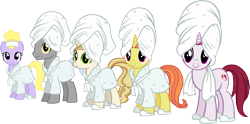 Size: 2591x1281 | Tagged: safe, artist:ironm17, character:caesar, character:cayenne, character:citrus blush, character:lyrica lilac, character:sweet biscuit, bathrobe, clothing, group, simple background, slippers, towel, transparent background, vector