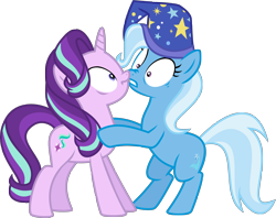 Size: 4000x3166 | Tagged: safe, artist:limedazzle, character:starlight glimmer, character:trixie, species:pony, species:unicorn, episode:to where and back again, g4, my little pony: friendship is magic, absurd resolution, boop, clothing, cute, duo, female, hat, mare, noseboop, rearing, simple background, transparent background, vector, wizard hat