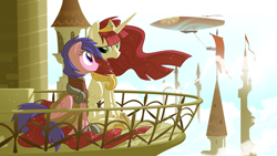 Size: 2880x1620 | Tagged: safe, artist:equestria-prevails, character:firefly, oc, oc:fausticorn, species:alicorn, species:pony, g1, g4, airship, balcony, g1 to g4, generation leap, lauren faust, ponified, tower