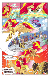 Size: 1253x1950 | Tagged: safe, artist:saturdaymorningproj, character:sunset shimmer, character:twilight sparkle, character:twilight sparkle (alicorn), oc, species:alicorn, species:griffon, species:pony, species:zebra, comic:a princess' worth, alicornified, angry, comic, egg, johnny bravo, ponified, race swap, shimmercorn