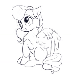 Size: 1261x1338 | Tagged: safe, artist:imalou, character:vapor trail, species:pegasus, species:pony, episode:top bolt, g4, my little pony: friendship is magic, black and white, cute, female, floppy ears, grayscale, looking up, mare, monochrome, raised hoof, simple background, sitting, sketch, smiling, solo, spread wings, vaporbetes, white background, wings