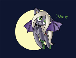Size: 1280x989 | Tagged: safe, artist:warskunk, oc, oc only, oc:sanguine morning, species:bat pony, species:pony, bat pony oc, blue background, collar, cute, eeee, fangs, flying, looking at you, moon, simple background, skree, smiling, solo, spread wings, wings