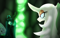 Size: 1280x820 | Tagged: safe, artist:faith-wolff, character:queen chrysalis, species:changeling, fanfic:the bridge, changeling queen, changelingified, crossover, duo, fanfic, fanfic art, female, gamera (series), legion (gamera), species swap