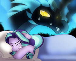 Size: 1280x1037 | Tagged: safe, artist:faith-wolff, oc, oc only, oc:moonbeam glimmer, species:dragon, species:pony, fanfic:the bridge, beamzilla, bed, blanket, crying, death stare, eyes closed, fanfic, fanfic art, female, floppy ears, glowing eyes, mare, nightmare, pillow, post traumatic stress disorder, ptsd, scar, smoke, survivor's guilt