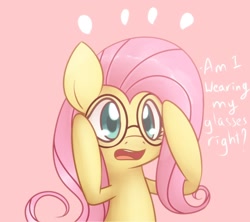 Size: 900x800 | Tagged: safe, artist:solar-slash, character:fluttershy, species:pegasus, species:pony, cute, female, glasses, pink background, simple background, solo, text