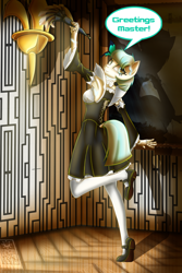 Size: 2400x3600 | Tagged: safe, artist:elmutanto, character:coco pommel, oc, oc only, oc:cocobot, species:anthro, species:plantigrade anthro, clothing, corset, cute, dress, duster, dusting, female, greeting, maid, mary janes, master, pantyhose, robot, shoes, skirt, solo, speech, stockings