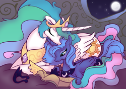 Size: 4961x3508 | Tagged: safe, artist:equestria-prevails, character:princess celestia, character:princess luna, species:alicorn, species:pony, book, duo, duo female, female, mare, moon, night, nuzzling, reading, s1 luna