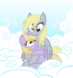 Size: 1750x1866 | Tagged: safe, artist:equestria-prevails, character:derpy hooves, character:dinky hooves, species:pegasus, species:pony, species:unicorn, cloud, cloudy, cute, derpabetes, dinkabetes, duo, duo female, equestria's best daughter, equestria's best mother, female, filly, hug, mare, mother and daughter