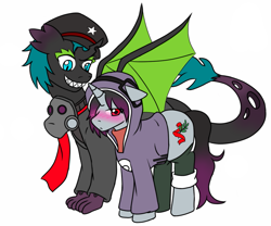 Size: 1163x967 | Tagged: safe, artist:jolliapplegirl, oc, oc only, oc:illusive spark, oc:olive branch, parent:king sombra, parent:sapphire joy, parent:spike, parent:thorax, parents:thoraxspike, species:pony, species:unicorn, best friends, blushing, changeling hybrid, changeling oc, clothing, cosplay, costume, dragon hybrid, fangs, gas mask, grin, halloween, hoodie, interspecies offspring, kagerou days, kagerou project, kido tsubomi, magical gay spawn, mask, next generation, nightmare night, offspring, romantically apocalyptic, scarf, smiling, socks, wings, zee captain