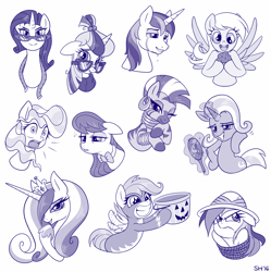 Size: 1200x1204 | Tagged: safe, artist:sorcerushorserus, character:daring do, character:derpy hooves, character:moondancer, character:octavia melody, character:princess cadance, character:rarity, character:scootaloo, character:shining armor, character:trixie, character:vapor trail, character:zecora, species:alicorn, species:earth pony, species:pegasus, species:pony, species:unicorn, species:zebra, g4, angry, annoyed, bedroom eyes, blushing, bound, bow tie, bucket, bust, clothing, crying, cute, food, frown, glasses, halloween, halloween costume, levitation, lidded eyes, lineart, liquid pride, looking at you, magic, measuring tape, mirror, monochrome, muffin, open mouth, portrait, rope, shout, shy, simple background, sleepy, smiling, telekinesis, that pony sure does love muffins, tied up, white background, wide eyes, wonderbolts uniform