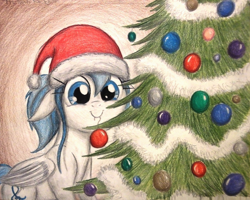 Size: 1328x1064 | Tagged: safe, artist:thefriendlyelephant, oc, oc only, oc:lesa castle, species:pegasus, species:pony, christmas, christmas tree, clothing, commission, floppy ears, hat, ornament, santa hat, solo, tinsel, traditional art, tree