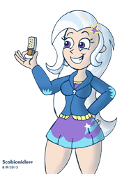 Size: 1202x1600 | Tagged: safe, artist:scobionicle99, character:trixie, species:human, my little pony:equestria girls, breasts, busty trixie, clothing, crackers, cute, diatrixes, female, food, holding, hoodie, humanized, looking at something, peanut butter, peanut butter crackers, simple background, skirt, smiling, solo, sweater, that human sure does love peanut butter crackers, thighs, transparent background